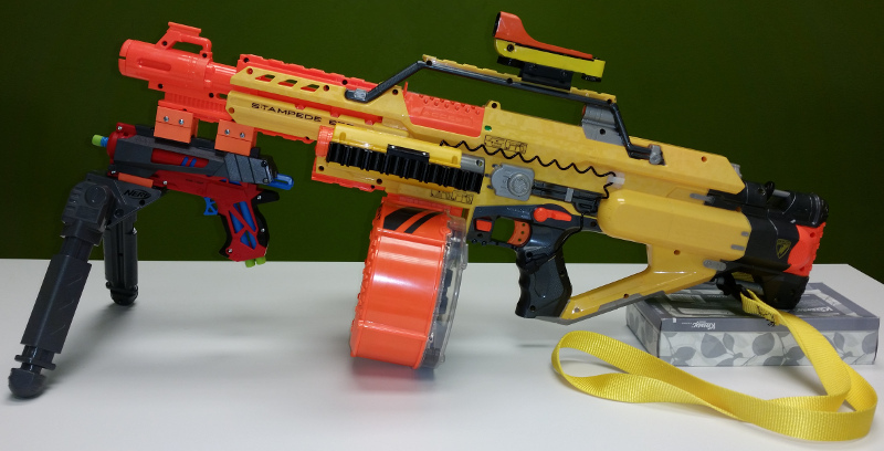 Nerf Stampede with BoomCo Farshot (left)